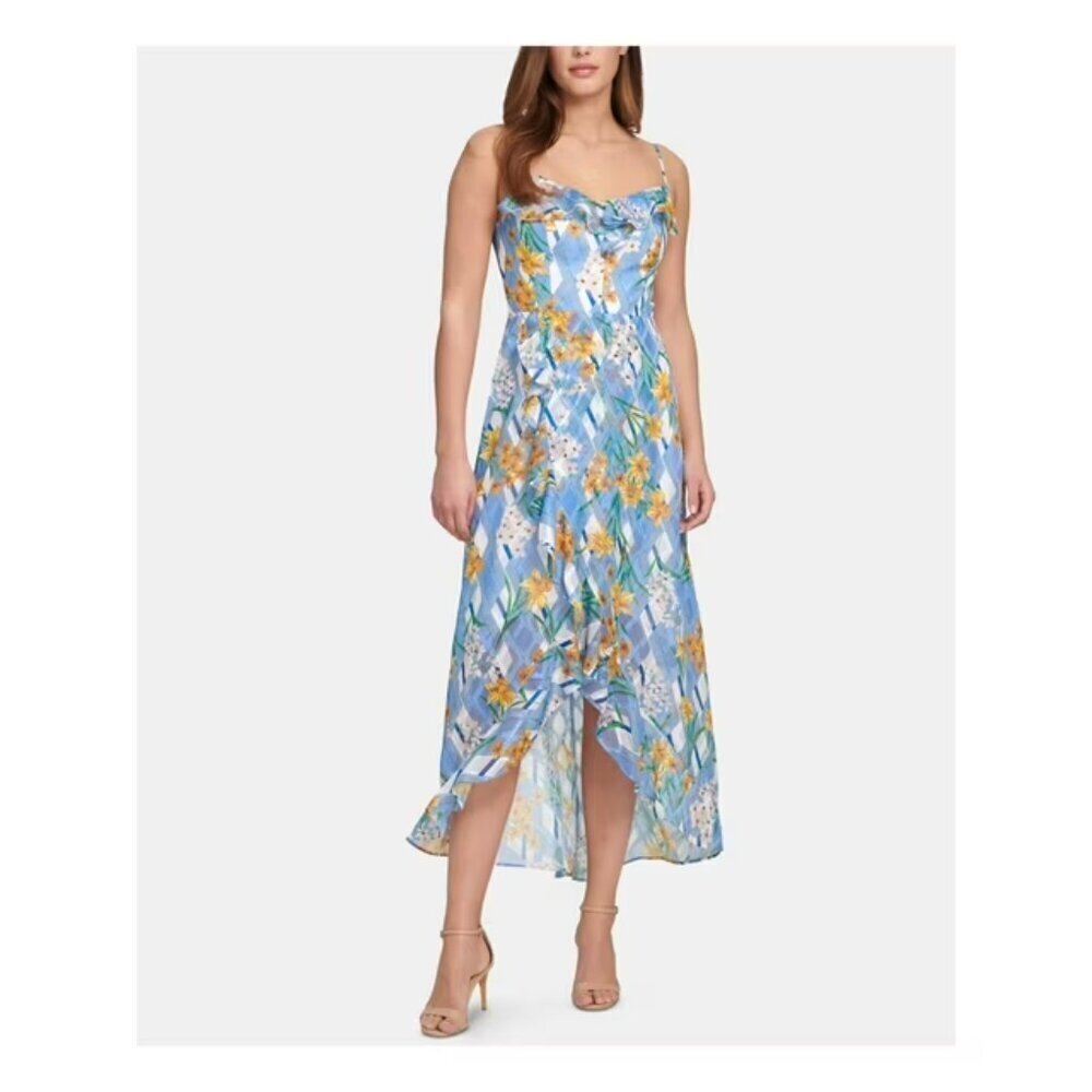 NWT KENSIE Womens Blue Ruffled Printed Spaghetti Strap V Neck Tea-Length 14